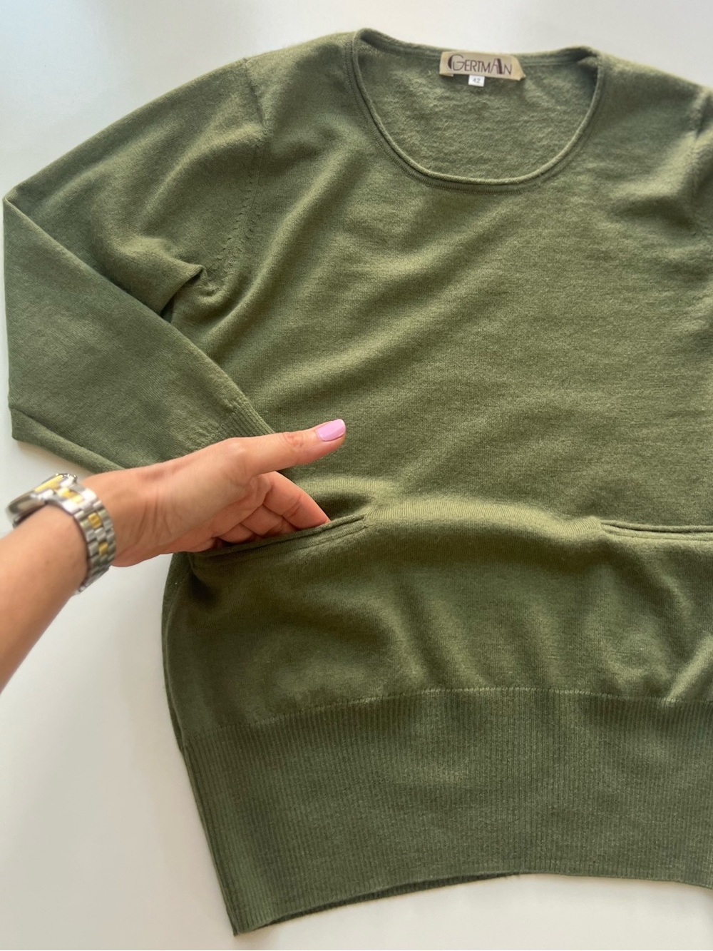 GermAn 100% Cashmere Olive Green Pocket Sweater XS - Picture 3 of 11